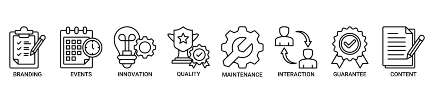 Customer engagement icon set. Containing icon of branding, events, innovation, quality, maintenance, interaction, guarantee, content icons. Outline vector symbol background.