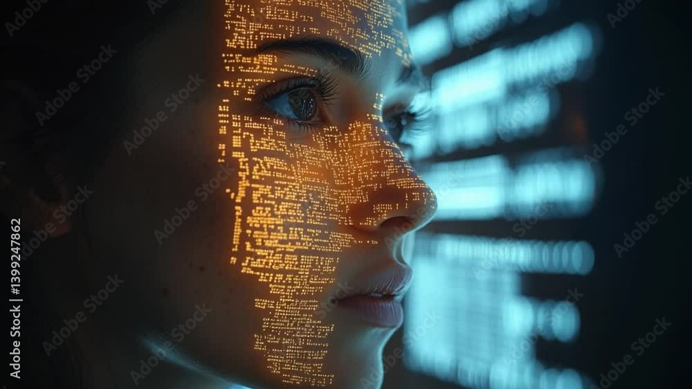 Poster digital intelligence: a portrait of a woman's face, reflecting the complex world of digital data and