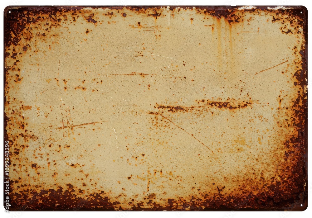 Poster rectangular metal sheet with heavy rust and corrosion along the edges and surface detail texture