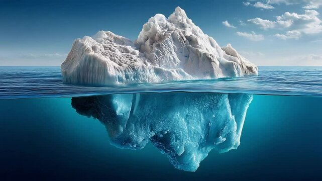 Hidden Depths: A majestic iceberg, with its icy form, floats upon a vast ocean, revealing only a fraction of its massive form, hinting at the hidden underwater expanse below.