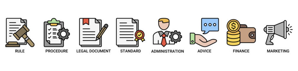 Guideline icon set. Containing icon of rule, procedure, legal document, standard, administration, advice, finance, marketing icons. Outline color vector symbol background.