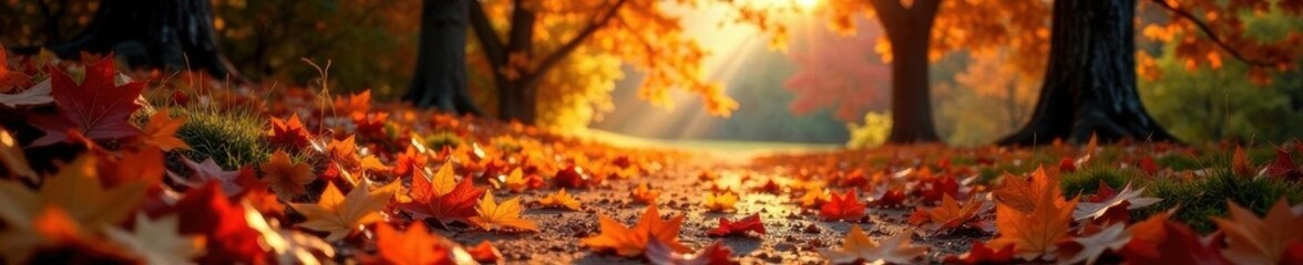 Rustic orange & brown oak leaves, sunlit path , autumn background, outdoor