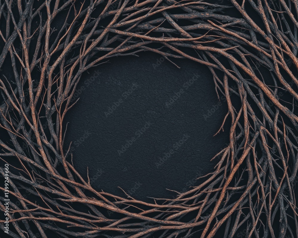 Poster a circular arrangement of twigs forming a nest-like structure against a dark background, highlightin