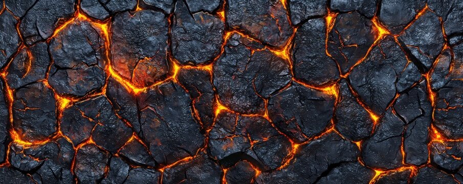 A close-up view of cracked volcanic rock, featuring glowing orange lava fissures that highlight the intense heat and geological activity beneath the surface.