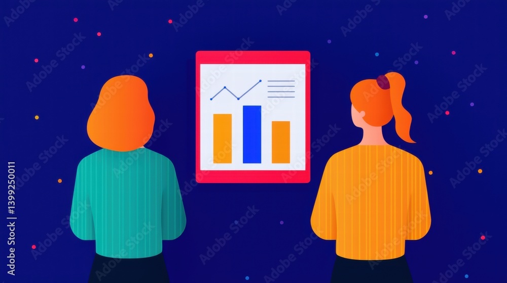 Poster two women observe a colorful graph on a digital display, reflecting data analysis in a vibrant, abst