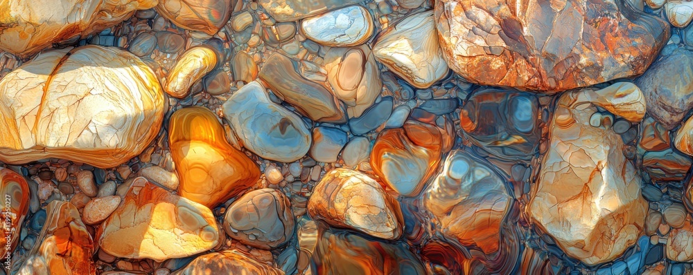 Poster a vibrant mosaic of colorful stones submerged in water, showcasing intricate patterns and reflection