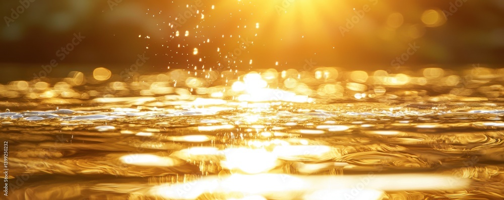 Poster a serene image of sunlight reflecting on water, creating a shimmering golden effect with droplets sp