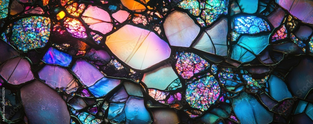 Poster a vibrant mosaic of colorful, shimmering stones, showcasing a range of hues and intricate patterns, 