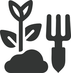Black Glyph Icon Showing Sprout, Soil, and Gardening Fork on Transparent Background