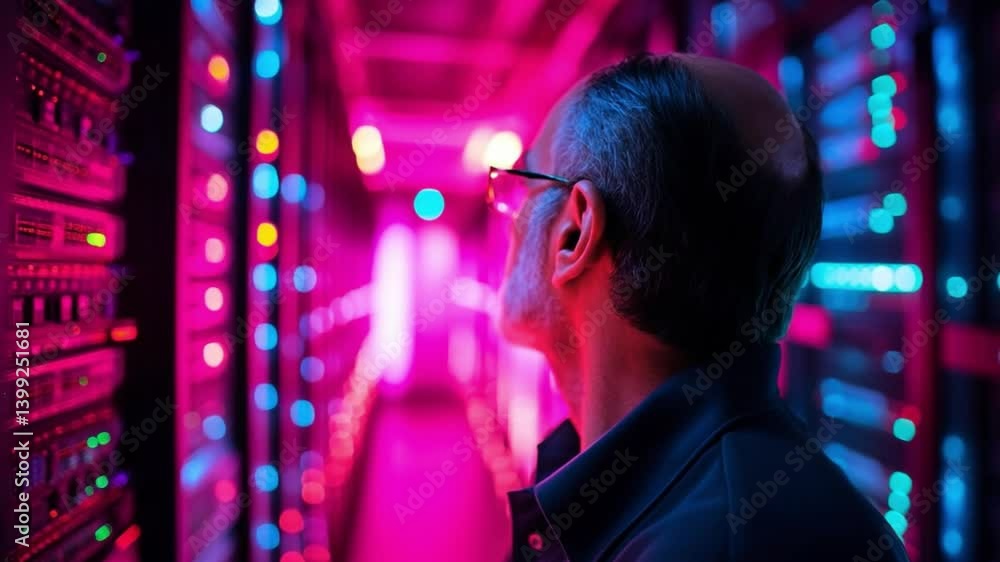 Poster data center visionary: an engineer meticulously examines rows of glowing server racks in a high-tech