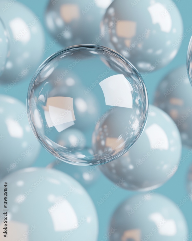Poster a collection of translucent bubbles floating against a soft blue background, creating a serene and w