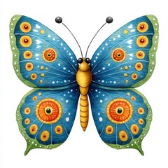 Blue Butterfly with Orange and Yellow Accents Detailed Illustration