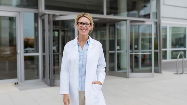 Professional Entrance: A confident medical professional smiles warmly, posing gracefully at the entrance to a modern building, embodying expertise and trust.
