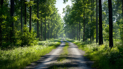 Fototapeta premium Sunlit Forest Pathway Through Green Trees
