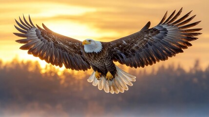 Obraz premium Majestic Bald Eagle in Flight at Golden Hour