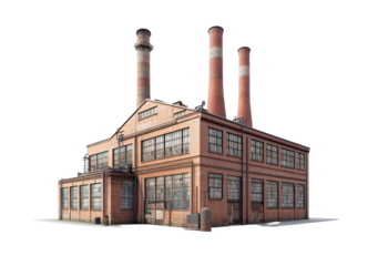 Old Brick Factory Building with Tall Chimneys isolated on transparent background