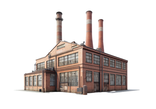 Old Brick Factory Building with Tall Chimneys isolated on transparent background - Powered by Adobe