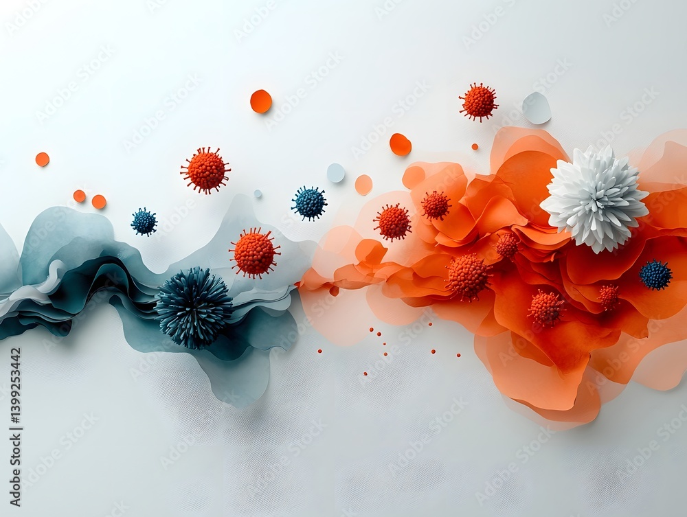Poster surreal and visually captivating image depicting microscopic viral particles suspended in a sunlit a