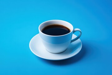 A steaming cup of black coffee on a bright blue surface.