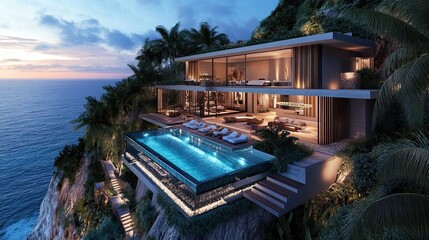 Modern luxury villa with infinity pool overlooking the ocean at sunset, aspirational travel and real estate concept for premium lifestyle visuals 