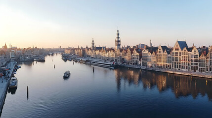 Obraz premium Aerial View Of Dutch Canal City At Sunrise