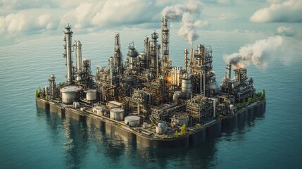 Naklejka premium Offshore oil refinery complex on a platform in the ocean, emitting smoke and steam.