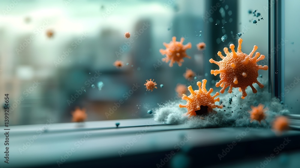Poster vibrant and dynamic digital painting depicting floating virus elements captured near a window their 