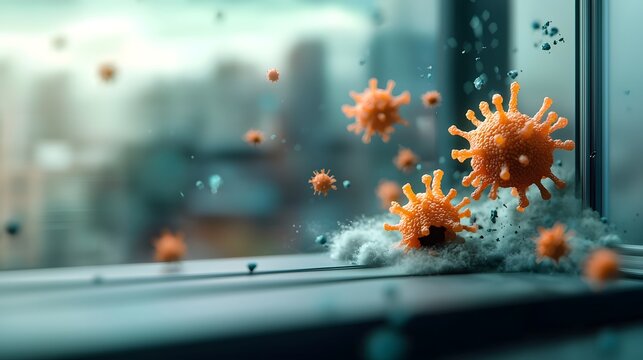 Vibrant and dynamic digital painting depicting floating virus elements captured near a window their movement echoed in the billowing of a lightweight fabric  The cinematic lighting and detailed