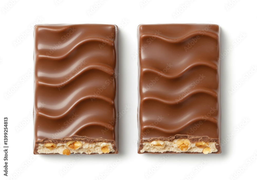 Aufkleber two chocolate bars with wavy design and nuts on a white background in a studio shot close up view