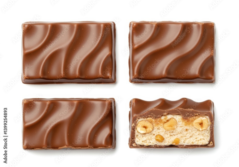 Poster four chocolate bars with a wavy pattern and one cut open showing nuts and nougat filling inside
