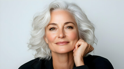 Fototapeta premium Portrait of a Happy Mature Woman with Short Gray Hair Smiling