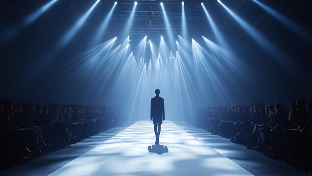 A lone model stands center stage, bathed in ethereal blue light, as the audience watches in the dimly lit runway show.  A captivating moment of anticipation.