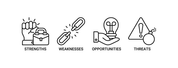 SWOT icon set. Containing icon of strengths, weaknesses, opportunities and threats icons. Outline vector symbol background.