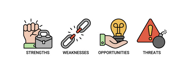 SWOT icon set. Containing icon of strengths, weaknesses, opportunities and threats icons. Outline color vector symbol background.