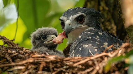 Obraz premium A Majestic Moment: Black-and-Chestnut Eagle Feeding its Chick
