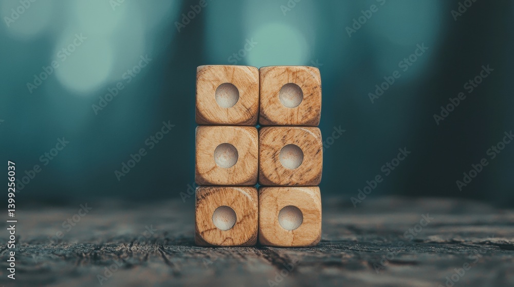 Poster a stack of wooden blocks with circular holes, displayed on a textured surface, set against a softly 
