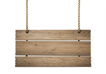 Wooden plank sign hanging from ropes isolated on a white background in a studio setting view