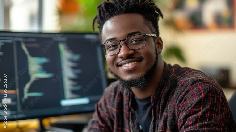 Poster happy programmer at work.