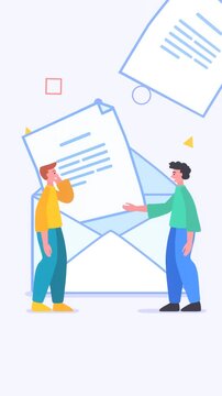 Online communication, encrypted messages, email spam, two people stand near big envelope, mailbox, 2d loop animation