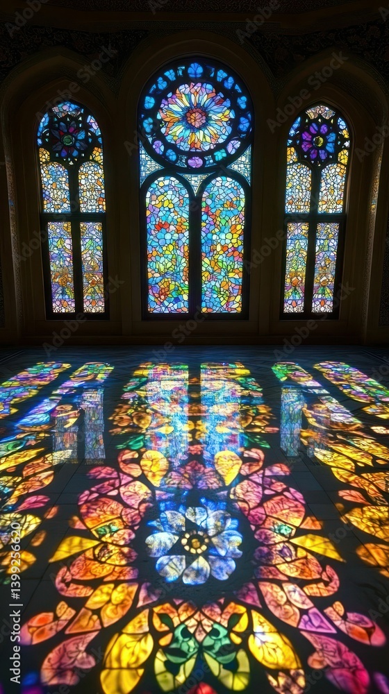 Poster chromatic reflections: stained glass light patterns creating a vibrant floor display