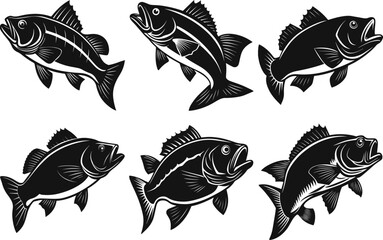 Set of Big bass fish vector logo for t shirt design, silhouette vector illustration