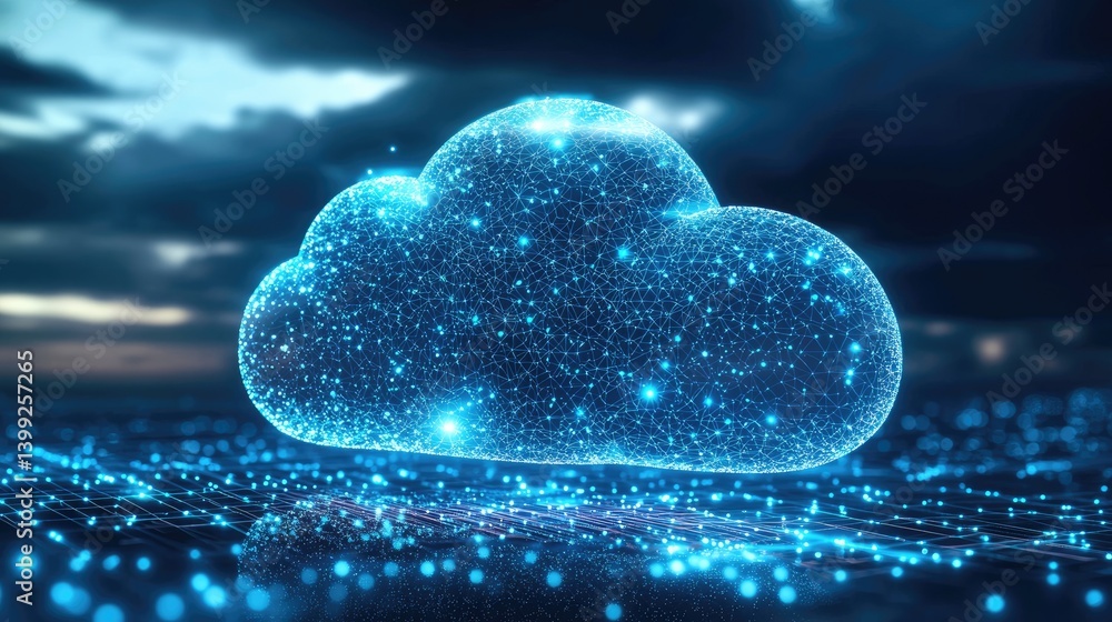 Poster 3d glowing digital cloud made of blue connected points over a tech grid with dark sky. perfect for c