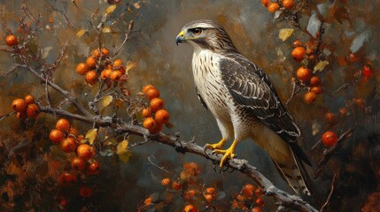 Majestic Hawk Amidst Autumnal Berries: A Masterpiece of Wildlife Art