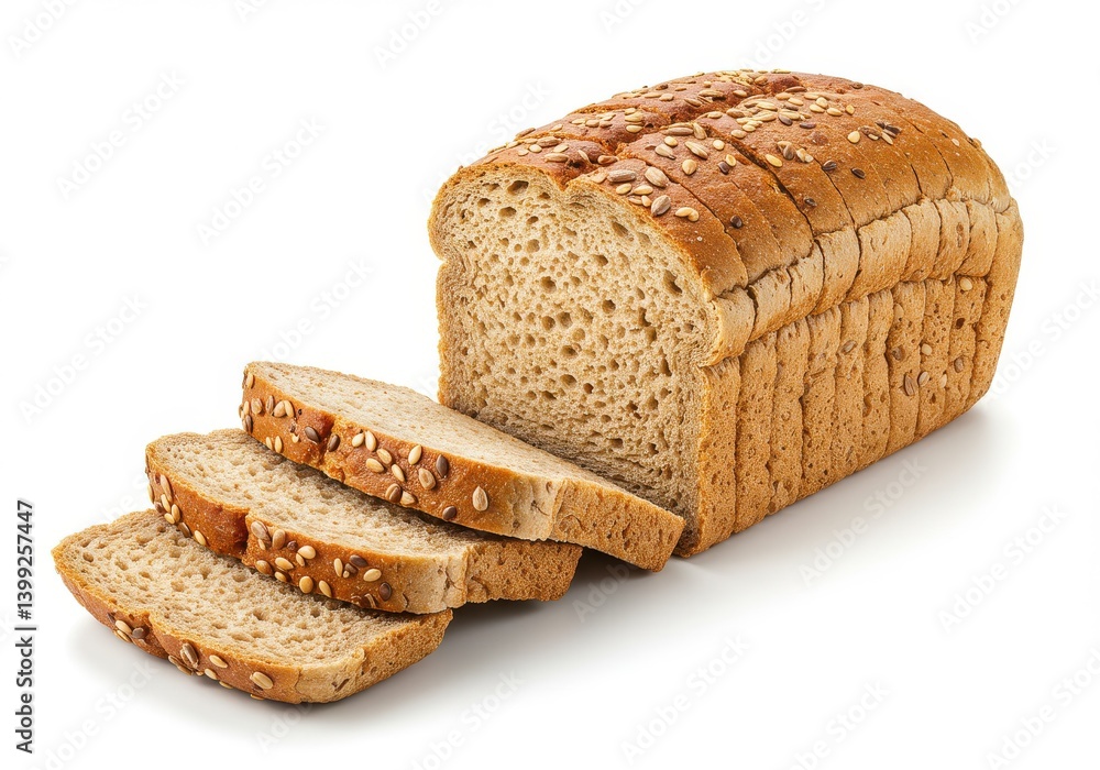 Poster a loaf of sliced whole wheat bread with seeds on top and three slices in front on a white background