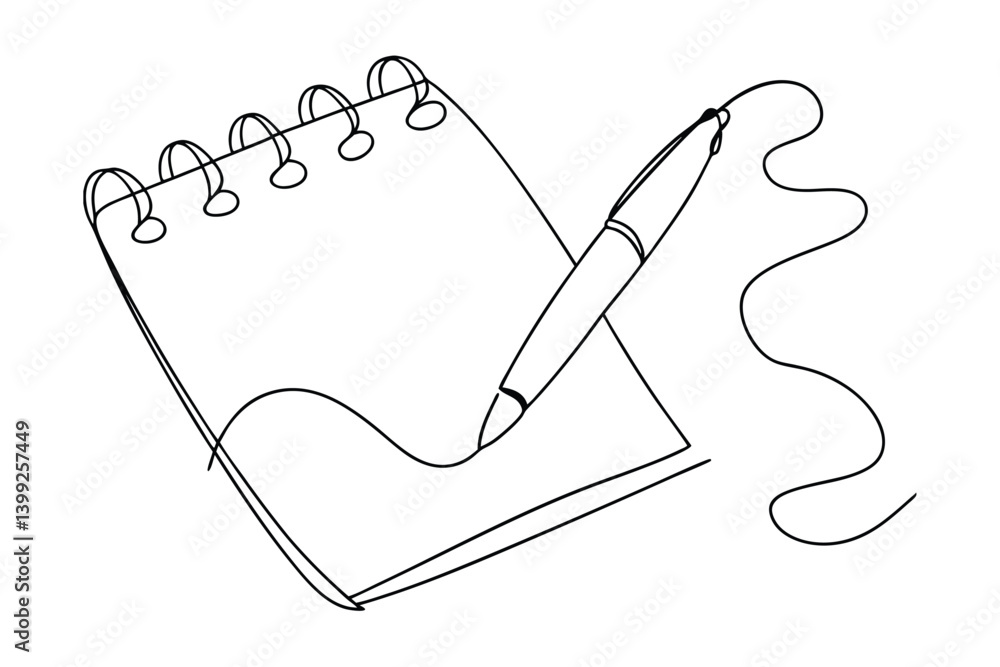 Poster continuous line drawing of notepad with pen simple vector illustration for creative design and minim