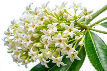 Close-Up of Alstonia Scholaris Flowers with Delicate Petals, Isolated on White Background