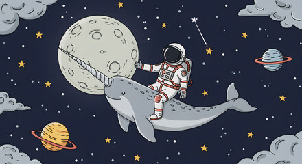 Fototapeta premium A whimsical scene of an astronaut riding a narwhal in space