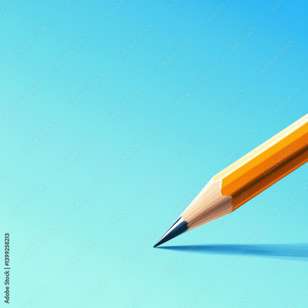 Poster a close-up of a sharpened yellow pencil against a smooth, gradient blue background, emphasizing simp
