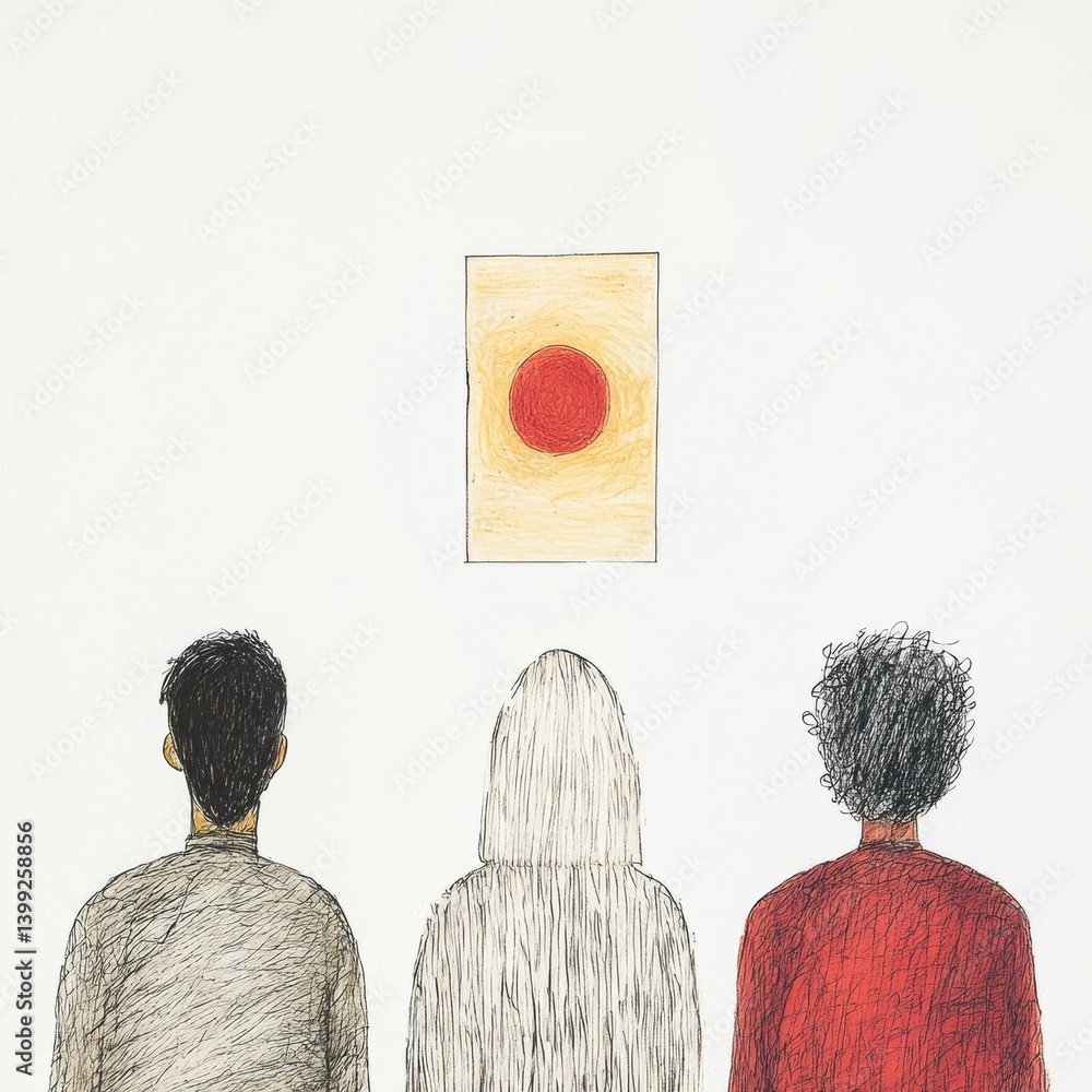 Poster three figures observe a simple artwork featuring a red circle, evoking themes of contemplation and a