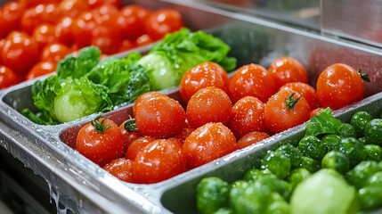 Fresh, vibrant vegetables displayed in trays, including red tomatoes and green lettuce, ready for use in meals.